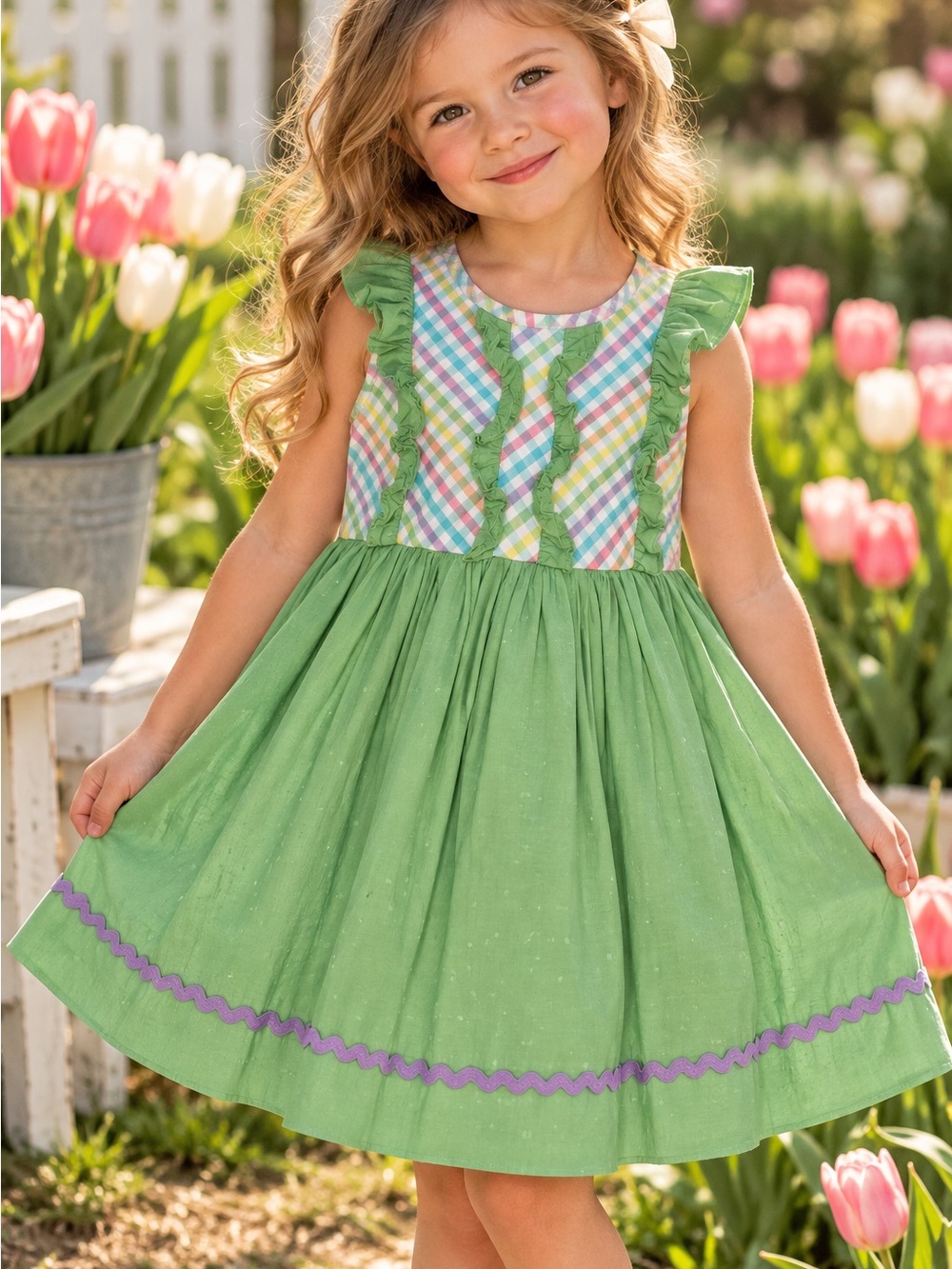 Matilda Jane Girls Dress Size 6 Pastel Plaid Green Ruffle Spring Easter